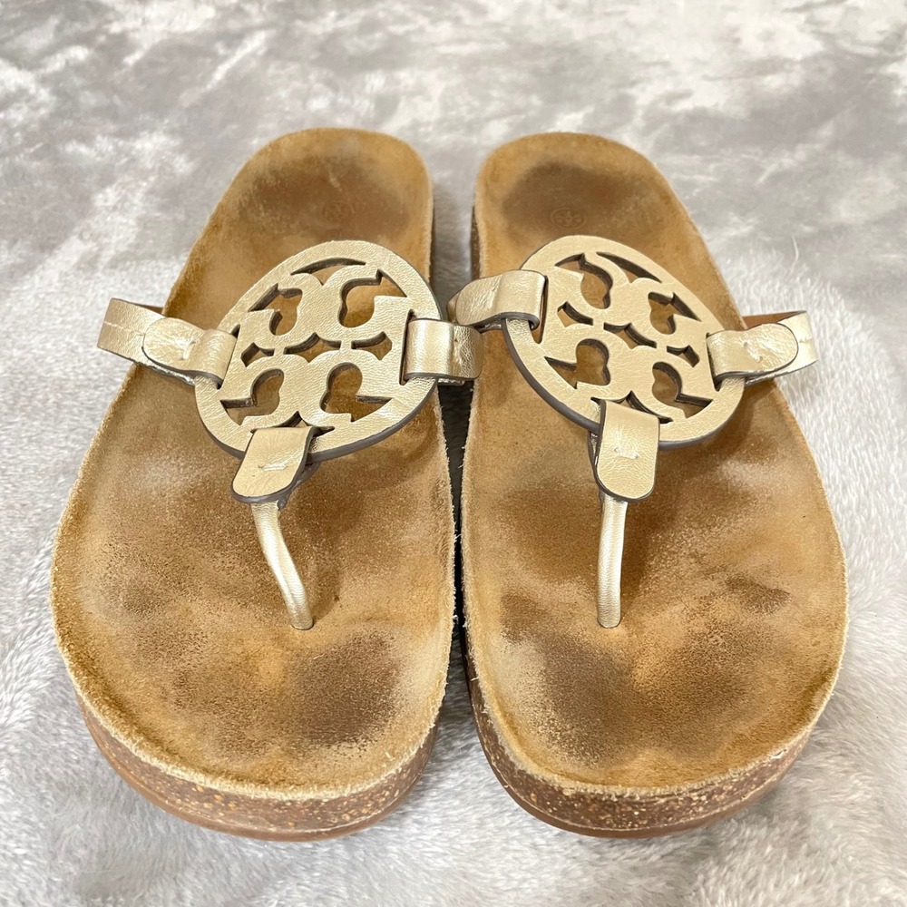 Tory Burch Thong Sandals Womens 9 Miller Cloud Metallic Gold Logo Cork Slip On